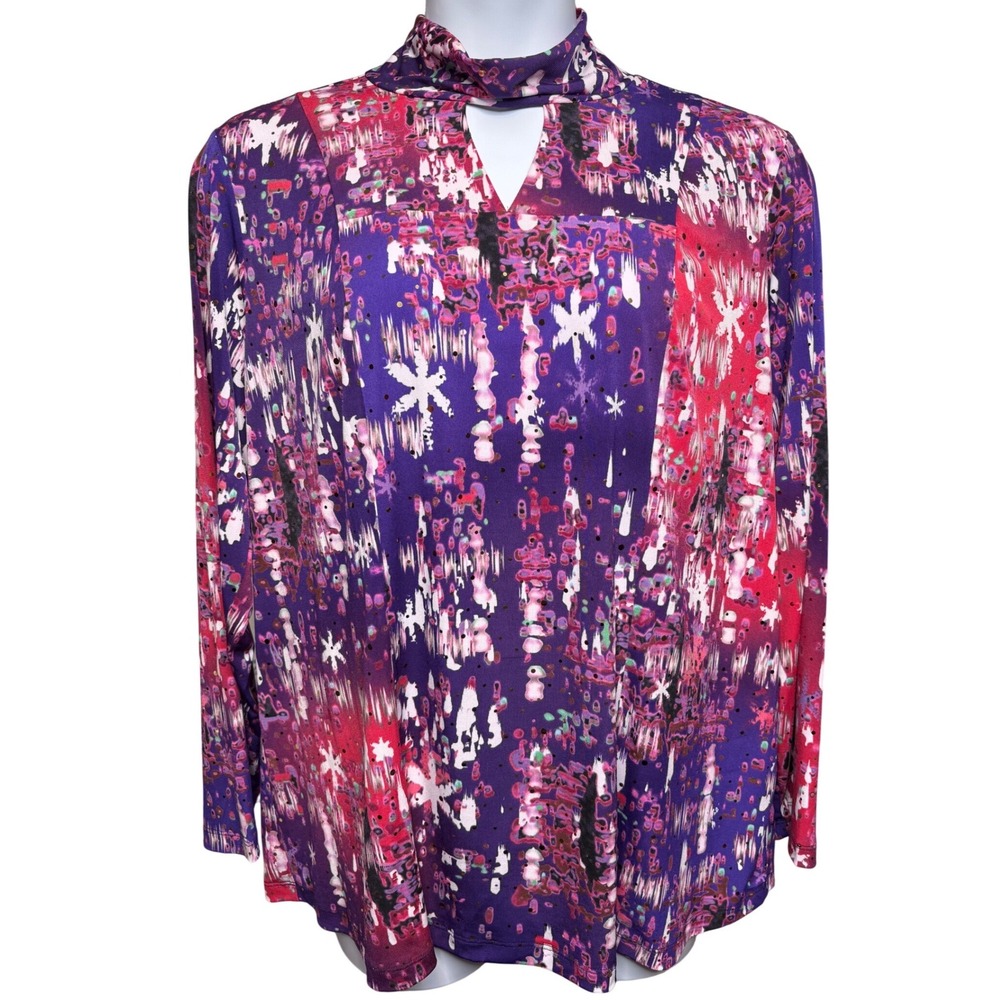 SIMONTON SAYS Womens Purple Abstract Mock Neck Foil Specks Blouse 2X Artsy Glam